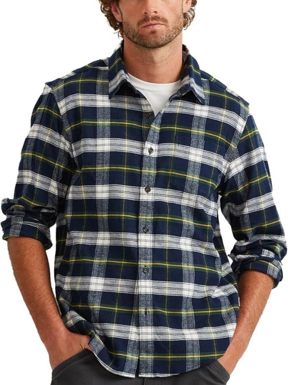 Eddie Bauer Mr Field Flannel Flex 2.0 Navy Plaid Shirt Mens Size Large